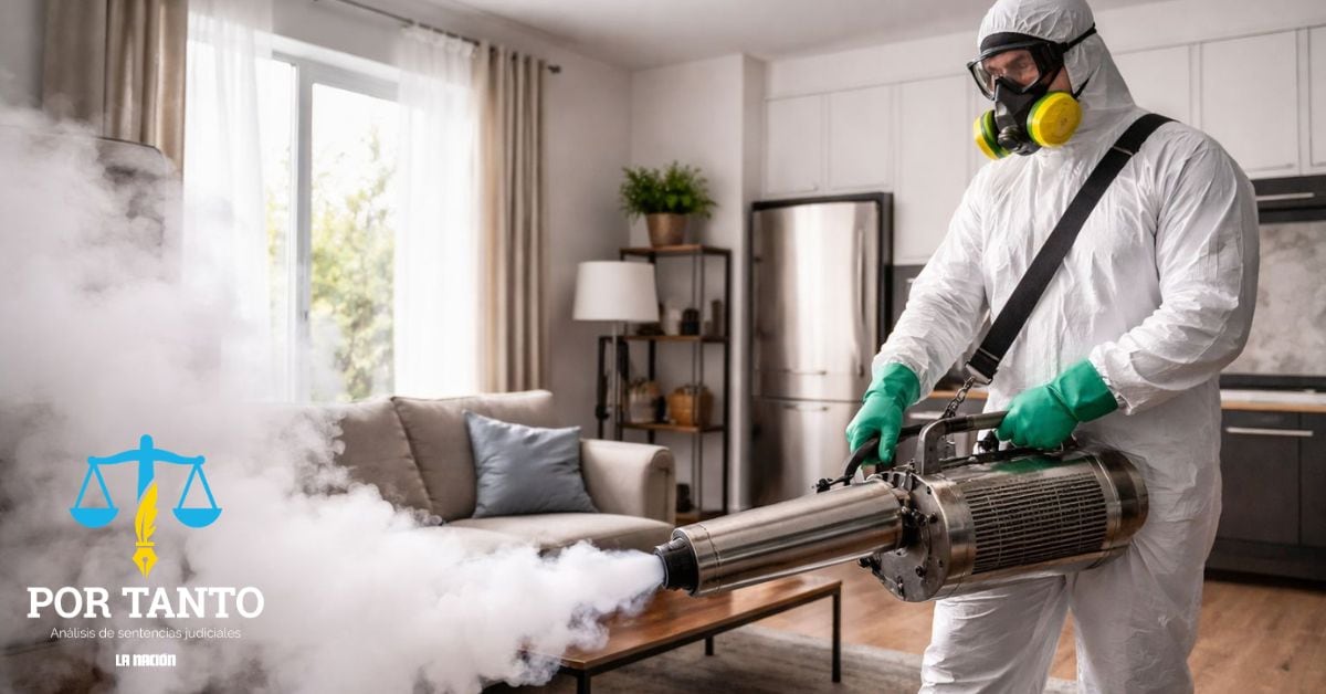 En la imagen, generada por IA, alguien fumigando un apartamento.