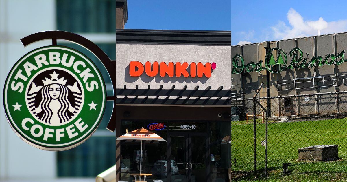 En la imagen, de izquierda a derecha, las fachadas de Starbucks, Dunkin y Dos Pinos
