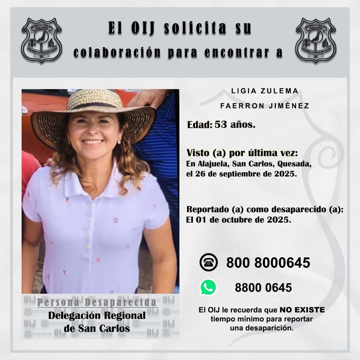 Desaparecida en Ciudad Quesada, desde el 26 de setiembre del 2025.