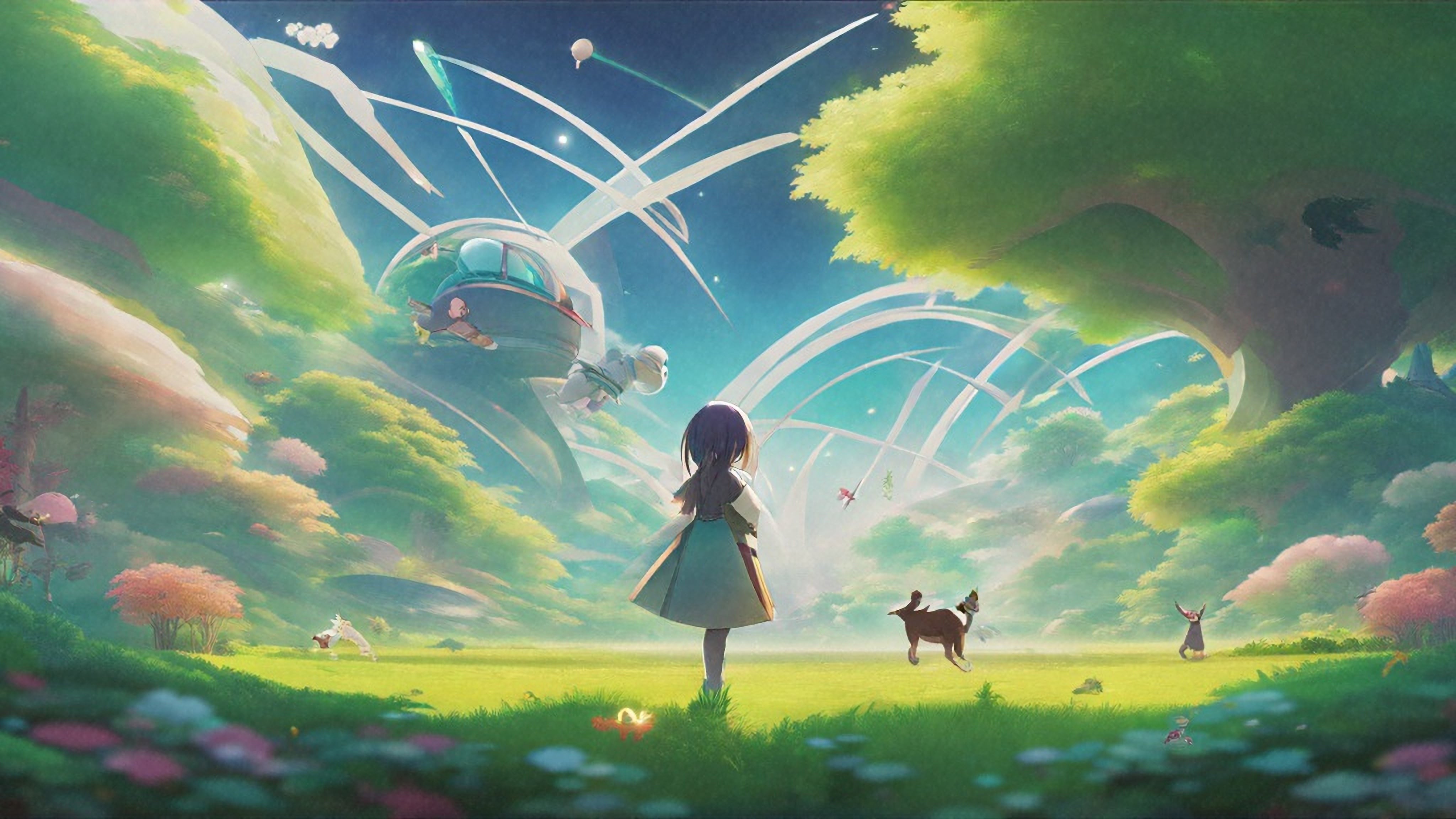 Imagen artística animé de "imagina un mundo vibrante y armonioso en el año 2100, donde la humanidad ha logrado una sociedad simbiótica sostenible con la Tierra", el mundo en el año 2100