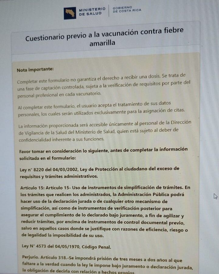 Captura de pantalla sobre consentimiento informado para vacunación contra fiebre amarilla.