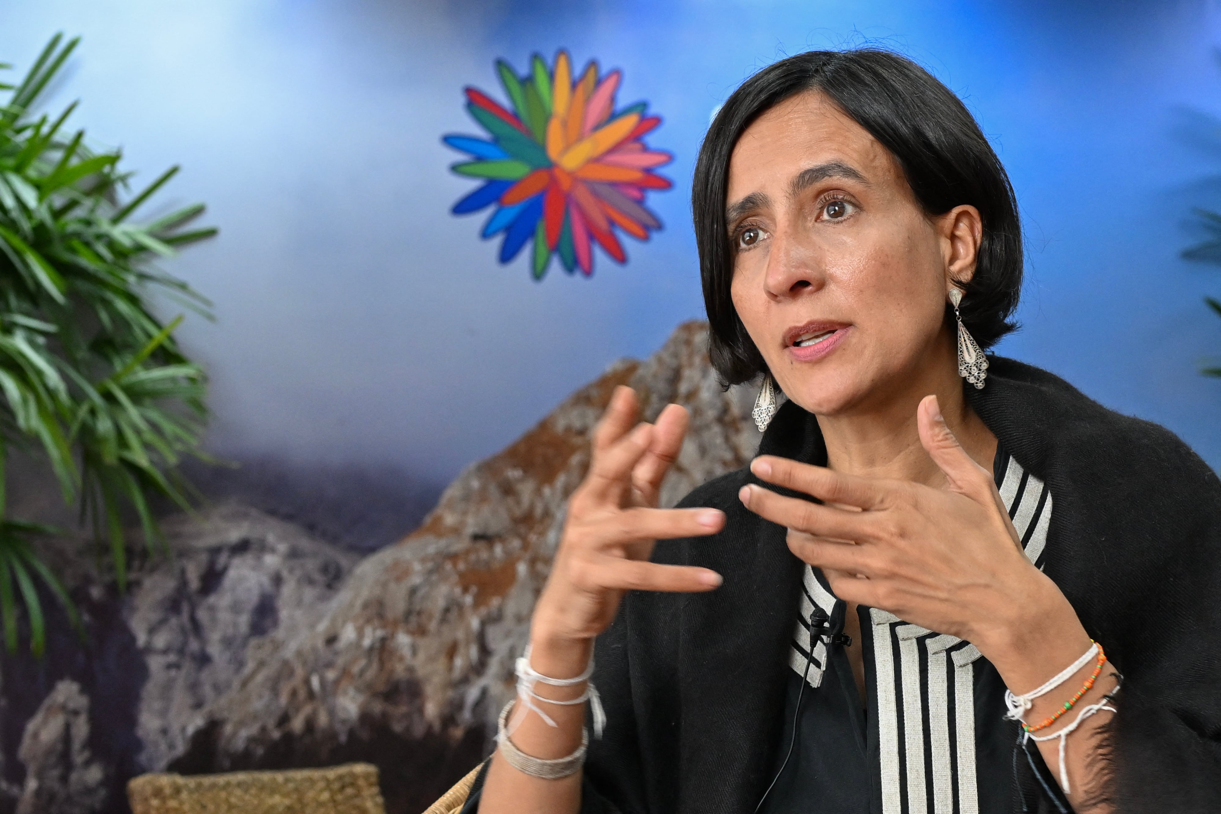 La ministra de Medio Ambiente de Colombia y presidenta de la COP16, Susana Muhamad, gesticula durante una entrevista con AFP en Cali, departamento del Valle del Cauca, Colombia, el 28 de octubre de 2024. Foto: Luis ACOSTA / AFP