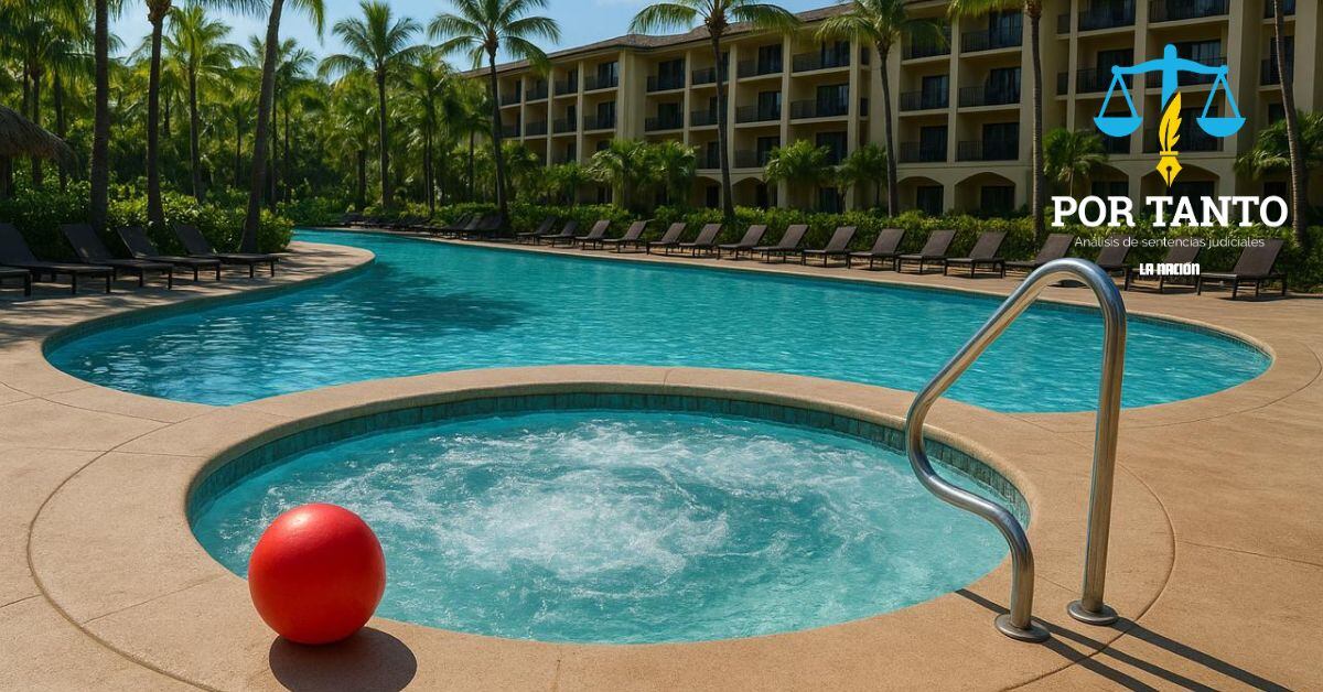 En la imagen un jacuzzi, una piscina y una pelota roja en un hotel