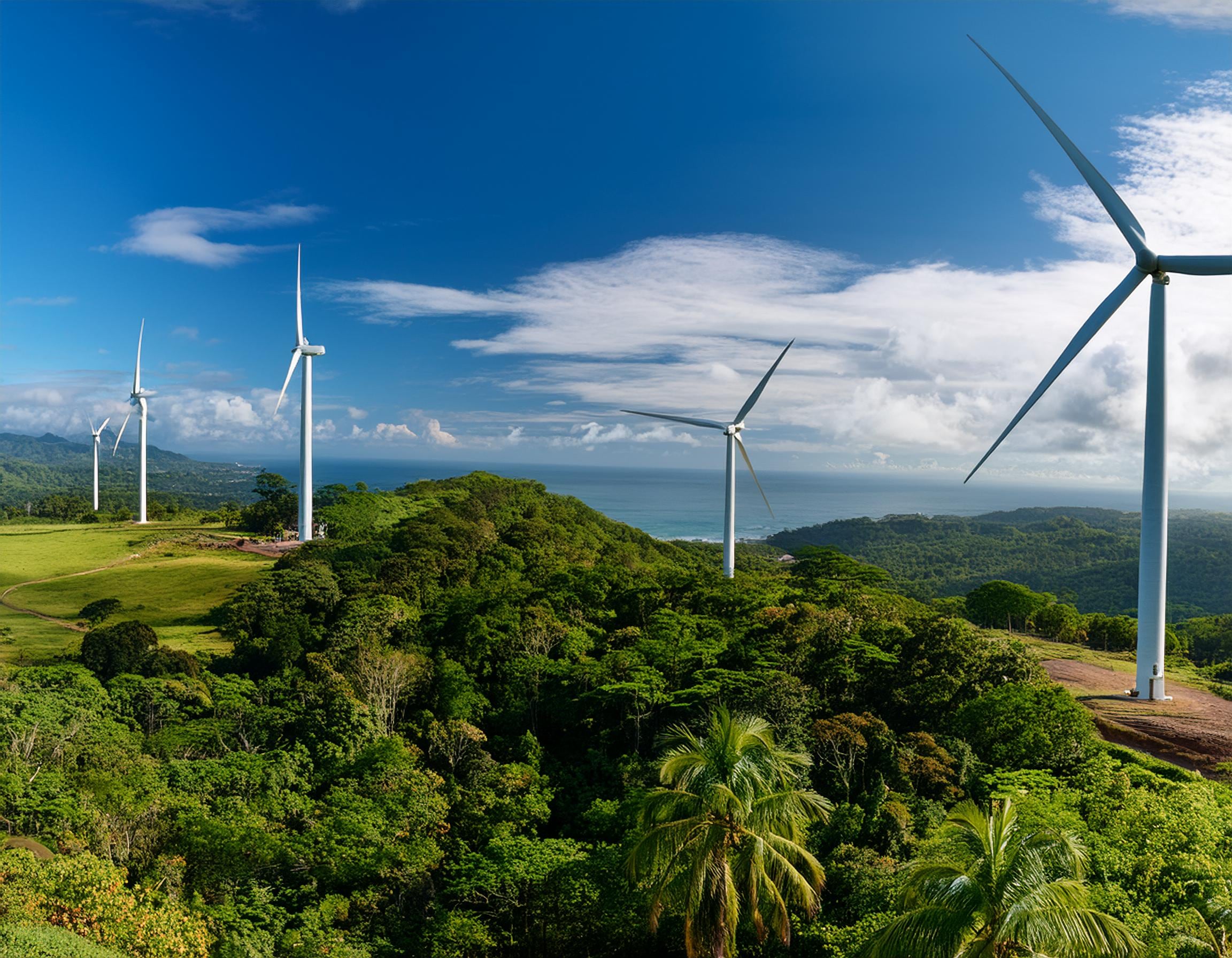 Imagen ilustrativa de cómo podría verse una vez construido el Proyecto Eólico El Quijote en el distrito de Guayabos, en Bagaces (Guanacaste). Fotografía: Cortesía ESPH.
