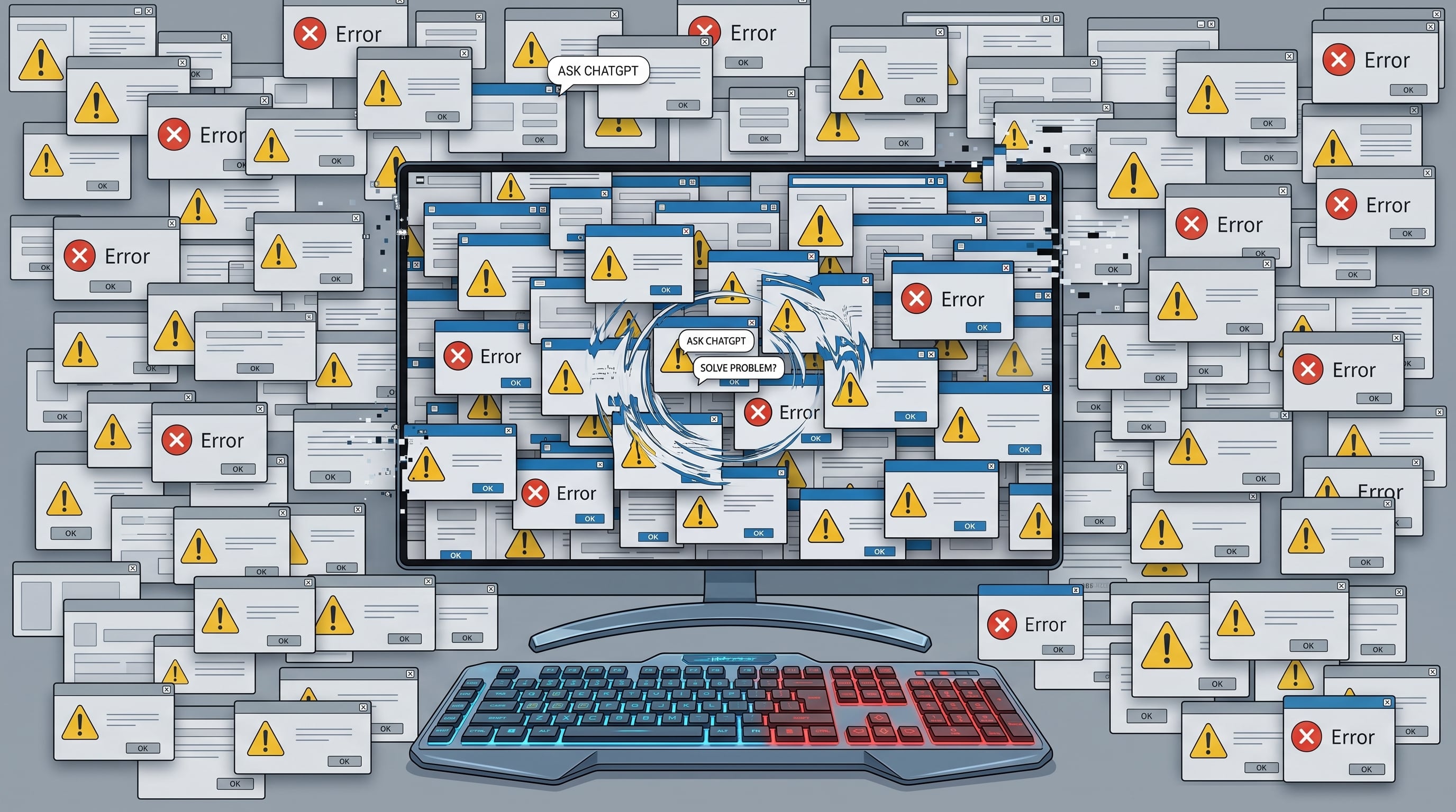 monitor de computadora con múltiples alertas de error
