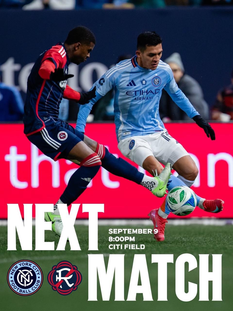 Este es el anuncio del New York City del partido contra New England, este 9 de setiembre, donde aparece Alonso Martínez como protagonista.