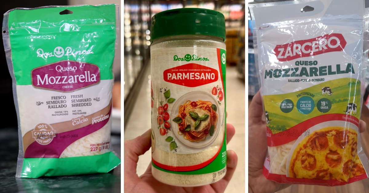 Empaques de quesos mozzarella y parmesano de las marcas Dos Pinos y Zarcero, importados desde Estados Unidos y distribuidos en Costa Rica y Centroamérica como parte de la estrategia comercial de Dos Pinos.