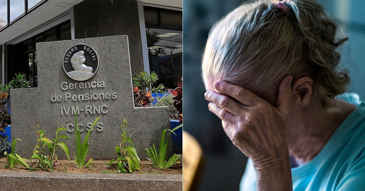 En la imagen, la fachada de la gerencia de pensiones de la CCSS y a la derecha una imagen de stock de una adulta mayor.