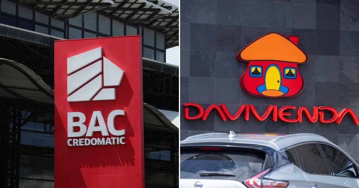 Logos de los bancos BAC Credomatic y Davivienda frente a sus edificios principales en Costa Rica. Ambos son de capital colombiano y dominan el mercado bancario privado del país.