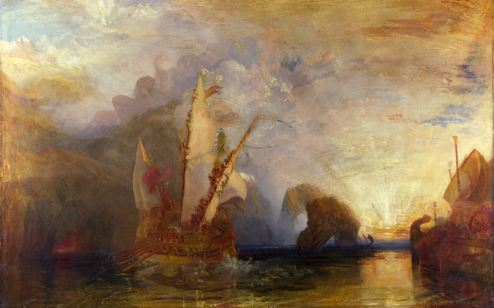 'Ulysses Deriding Polyphemus', óleo de 1829 de J.M.W. Turner que muestra a Odiseo burlándose del cíclope Polifemo y el caballo de Troya, entre otros detalles.