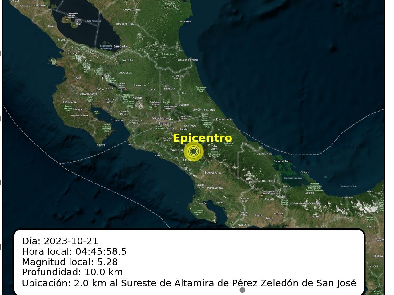 2023-10-21 04:45:58.5, Mag:5.28, Prof: 10.0, Epicentro: 2.0 km al Sureste de Altamira de Pérez Zeledón de San José