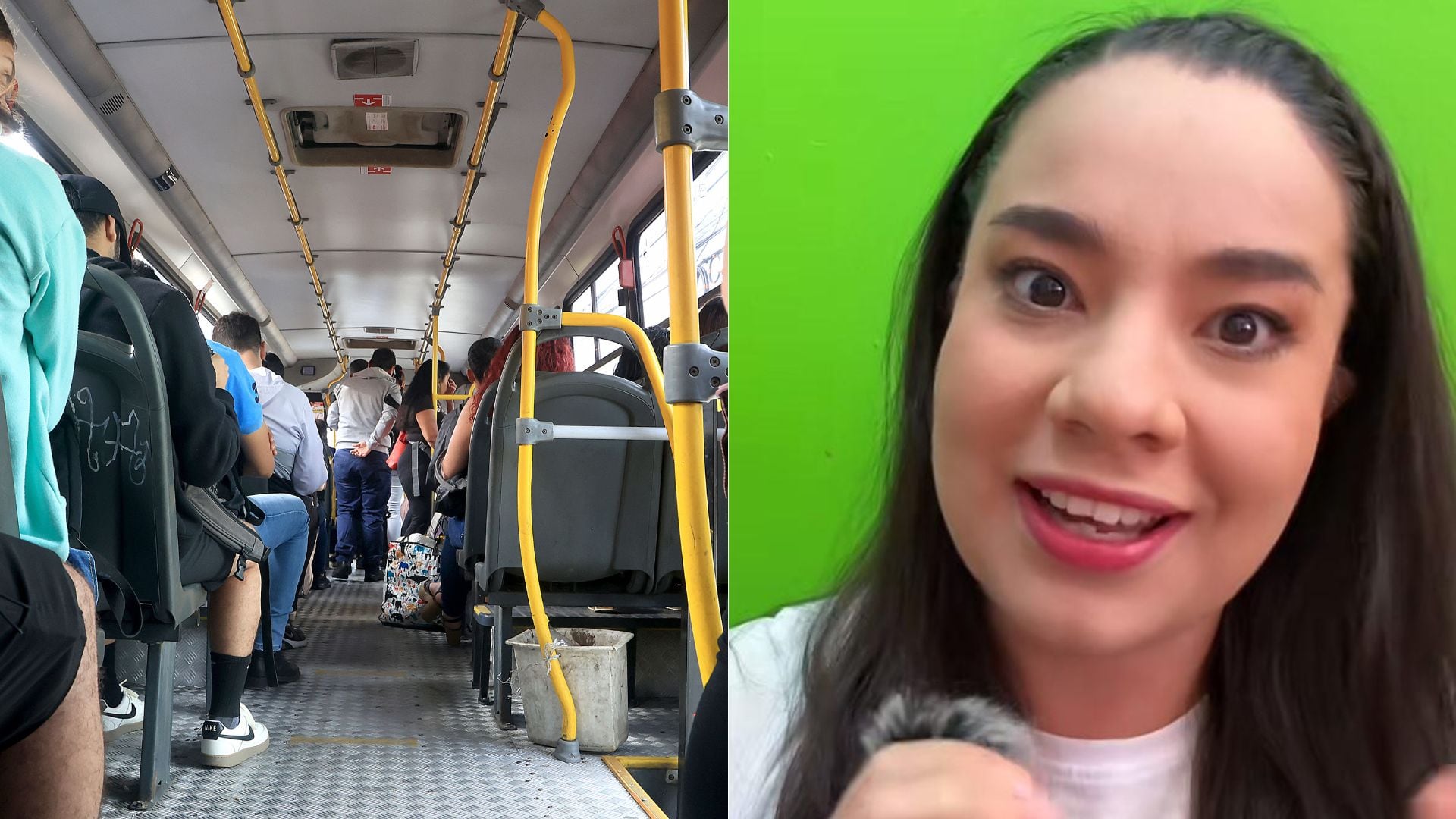 Collage de un autobús y una mexicana influencer hablando sobre su experiencia con el transporte público de Costa Rica.