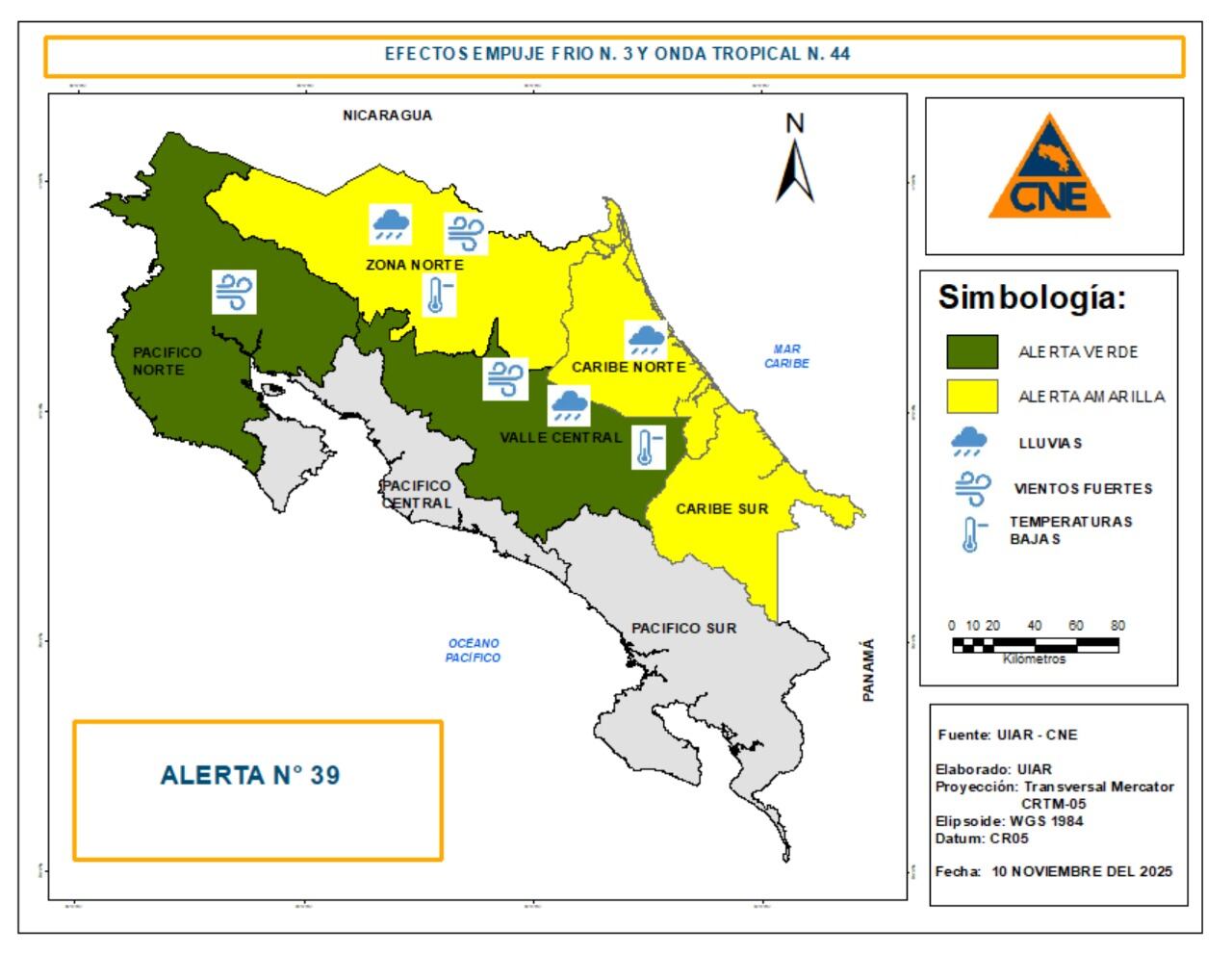 La CNE elevó el nivel de alertas en Costa Rica por el ingreso del empuje frío #3.