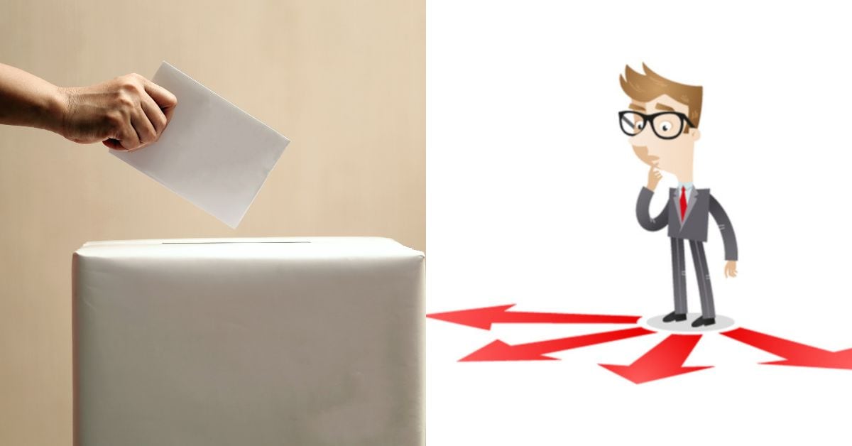 Una composición de imágenes: a la izquierda, una mano depositando un voto en una urna. A la derecha, la caricatura de un hombre dudando.