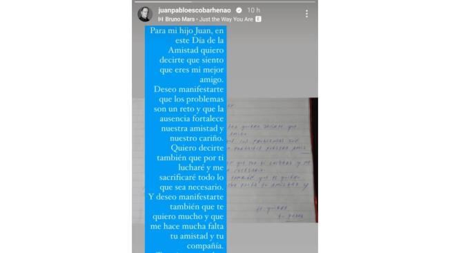 Carta publicada por Sebastian Marroquín en sus redes sociales.