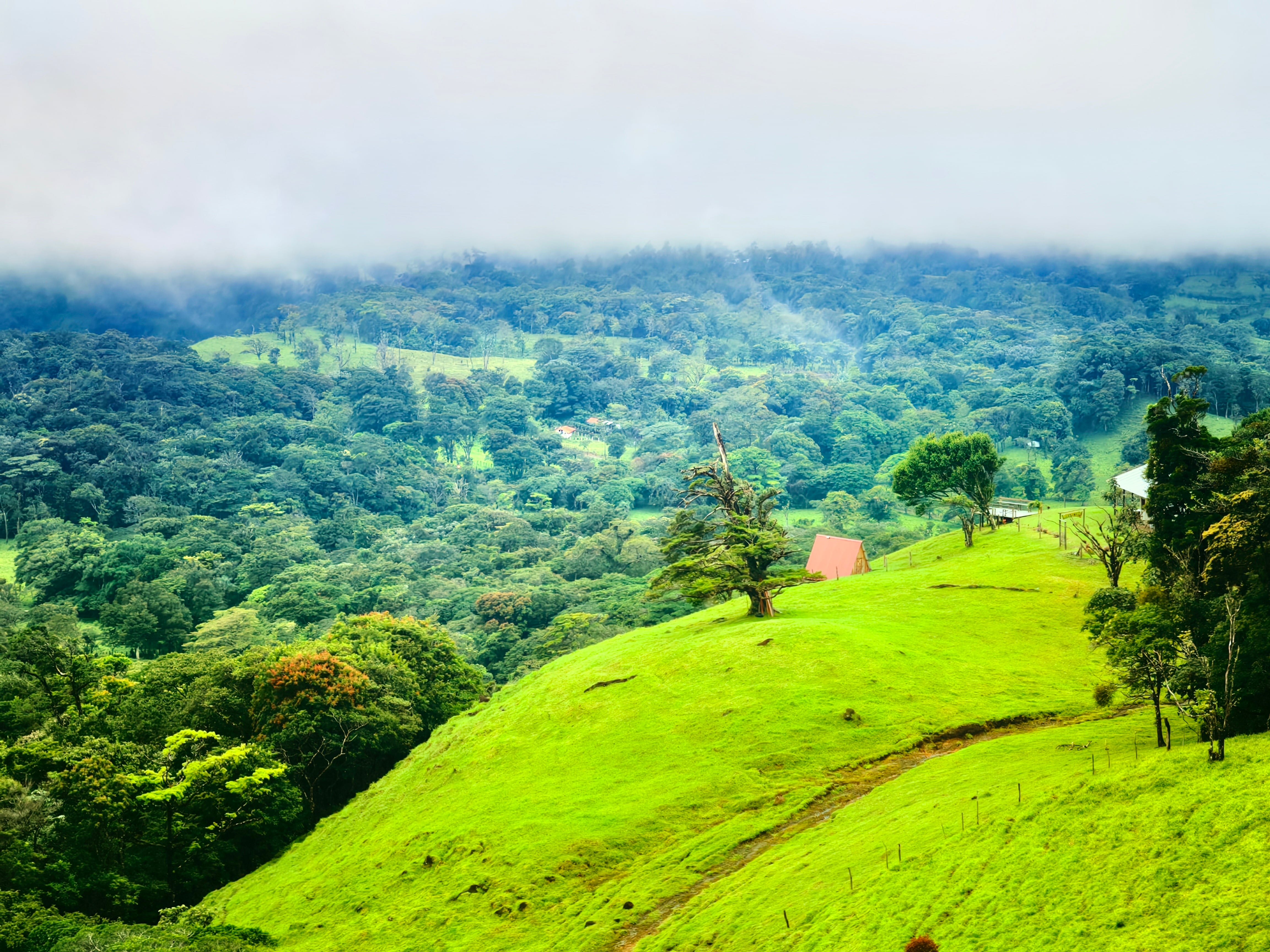 Paisaje de una zona rural en Los Chiles, Costa Rica, reflejando las brechas en desarrollo e infraestructura fuera de la Gran Área Metropolitana.