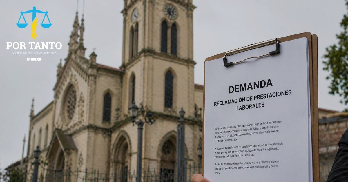 en la imagen, generada con IA, una iglesia de fondo y una mano sosteniendo una hoja que dice demanda