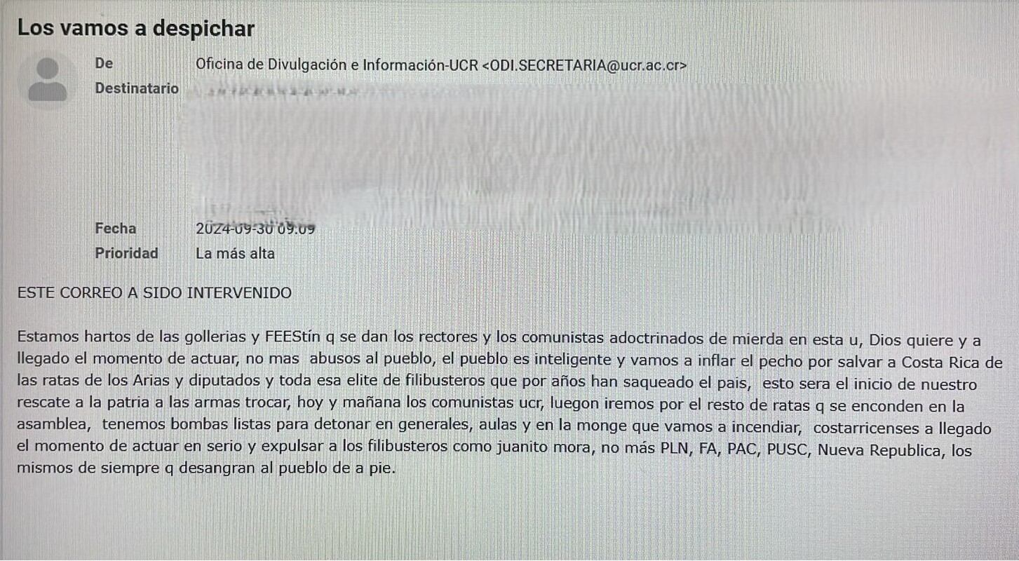 Este fue el correo de amenaza que se recibió.
Imagen: Captura de pantalla