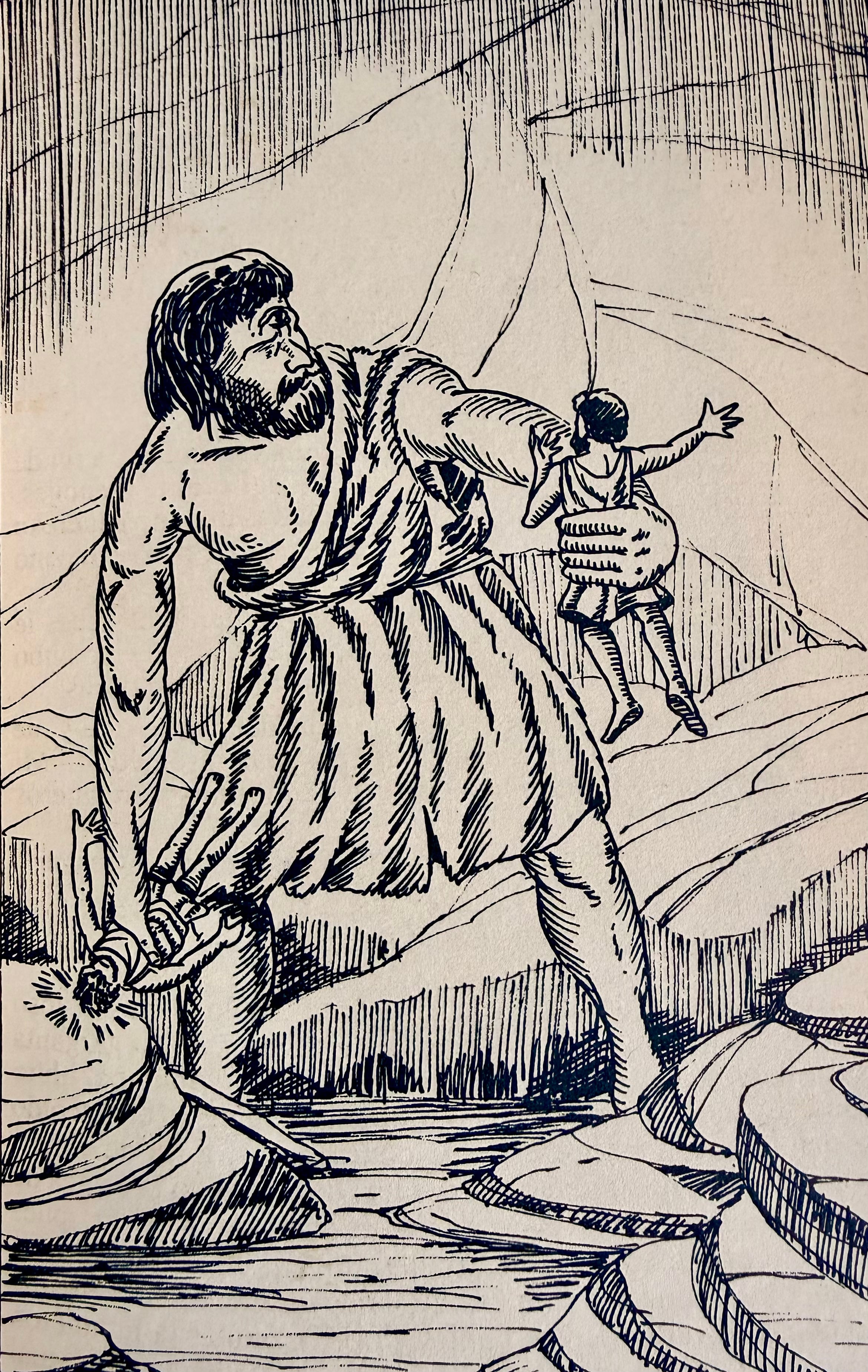 Escena de Polifemo, el cíclope de La Odisea, edición ilustrada por Juan Carlos de Pablo