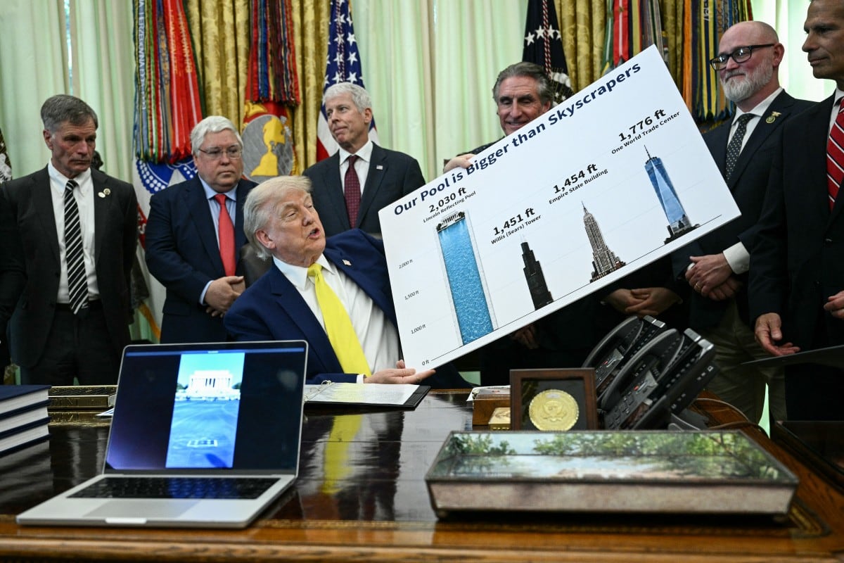 El presidente de Estados Unidos, Donald Trump, sostiene un gráfico en el que compara la altura del estanque reflectante (Reflecting Pool) del National Mall con la de varios rascacielos, mientras habla en el Despacho Oval de la Casa Blanca.