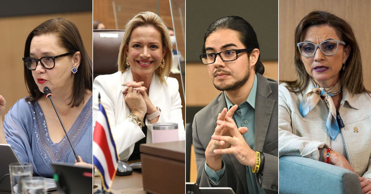De izquierda a derecha, la imagen muestra a los diputados de oposición Vanessa Castro (PUSC), Monserrat Ruiz (PLN), Jonathan Acuña (FA) y Kattia Cambronero, independiente.