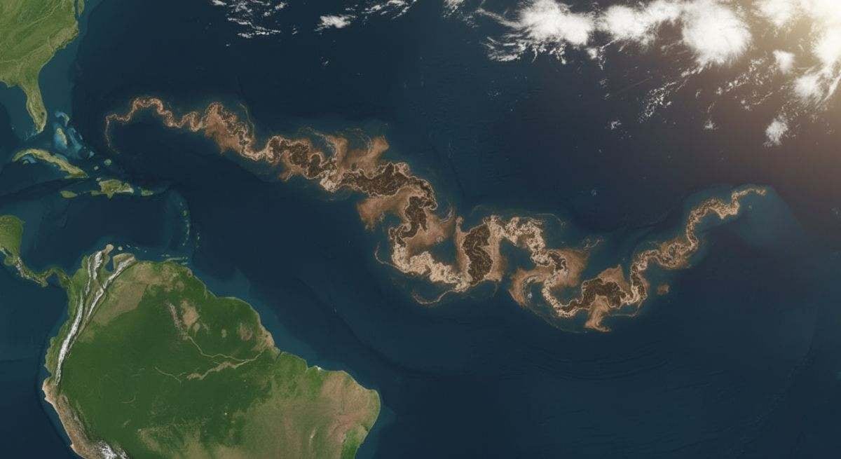 Imagen viral que circula en redes sociales y algunos medios como supuesta vista satelital del sargazo en el Atlántico. Análisis con herramientas de verificación digital indican que fue generada o alterada con inteligencia artificial y no corresponde a un producto científico oficial de observación satelital.