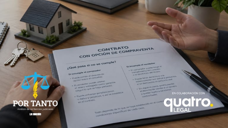 Imagen con fines ilustrativos generada con IA. Se observa una mesa con un contrato de opción de compraventa y dos manos