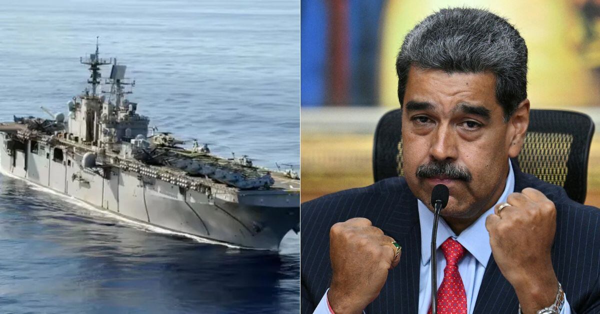 En la imagen, uno de los buques estadounidenses en labores de vigilancia en el Caribe, cerca de la costa de Venezuela, y Nicolás Maduro