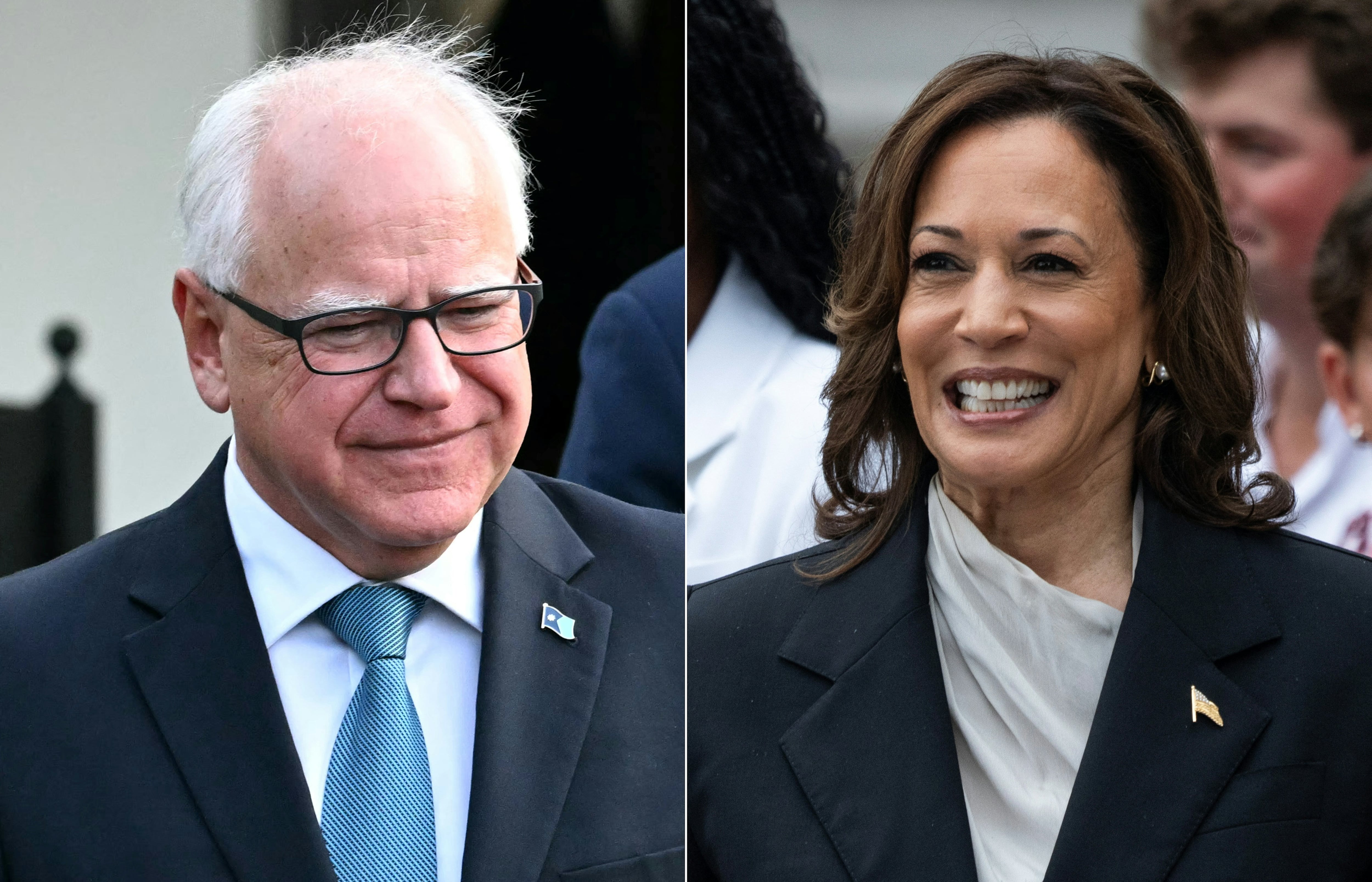 (COMBO) This combination of pictures created on August 2, 2024, shows US Vice President Kamala Harris in Washington, DC on July 22, 2024, and Governor of Minnesota Tim Walz in Washington, DC, July 3, 2024. Harris picked Walz as her running mate on August 6, 2024, US media reported, as the vice president prepares to take on Republican Donald Trump in November's US election. (Photo by Jim WATSON and Chris Kleponis / AFP)