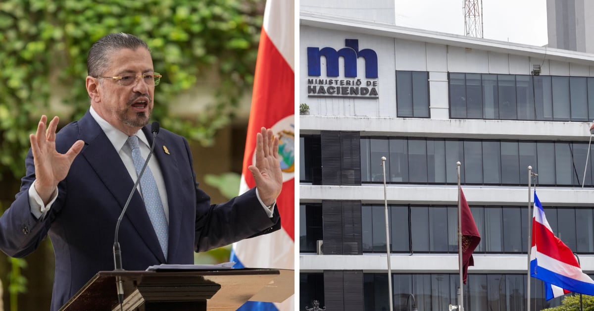 Composición fotográfica que muestra al ministro de Hacienda, Rodrigo Chaves, durante una intervención pública y, a la derecha, el edificio del Ministerio de Hacienda en San José.