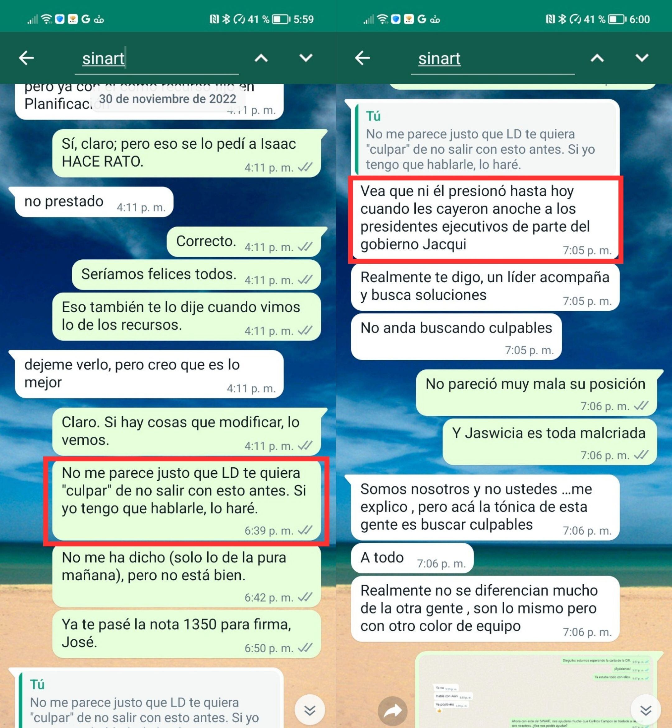 Jacquelin González le dijo el 30 de noviembre a su jefe, José Rafael Solano, que no le parecía justo que lo culparan por no realizar antes la contratación del ICE con Sinart. Este respondió que Luis Diego Abarca, gerente de Telecomunicaciones del ICE, no presionó hasta que "de parte del gobierno les cayeron a los presidentes ejecutivos".
