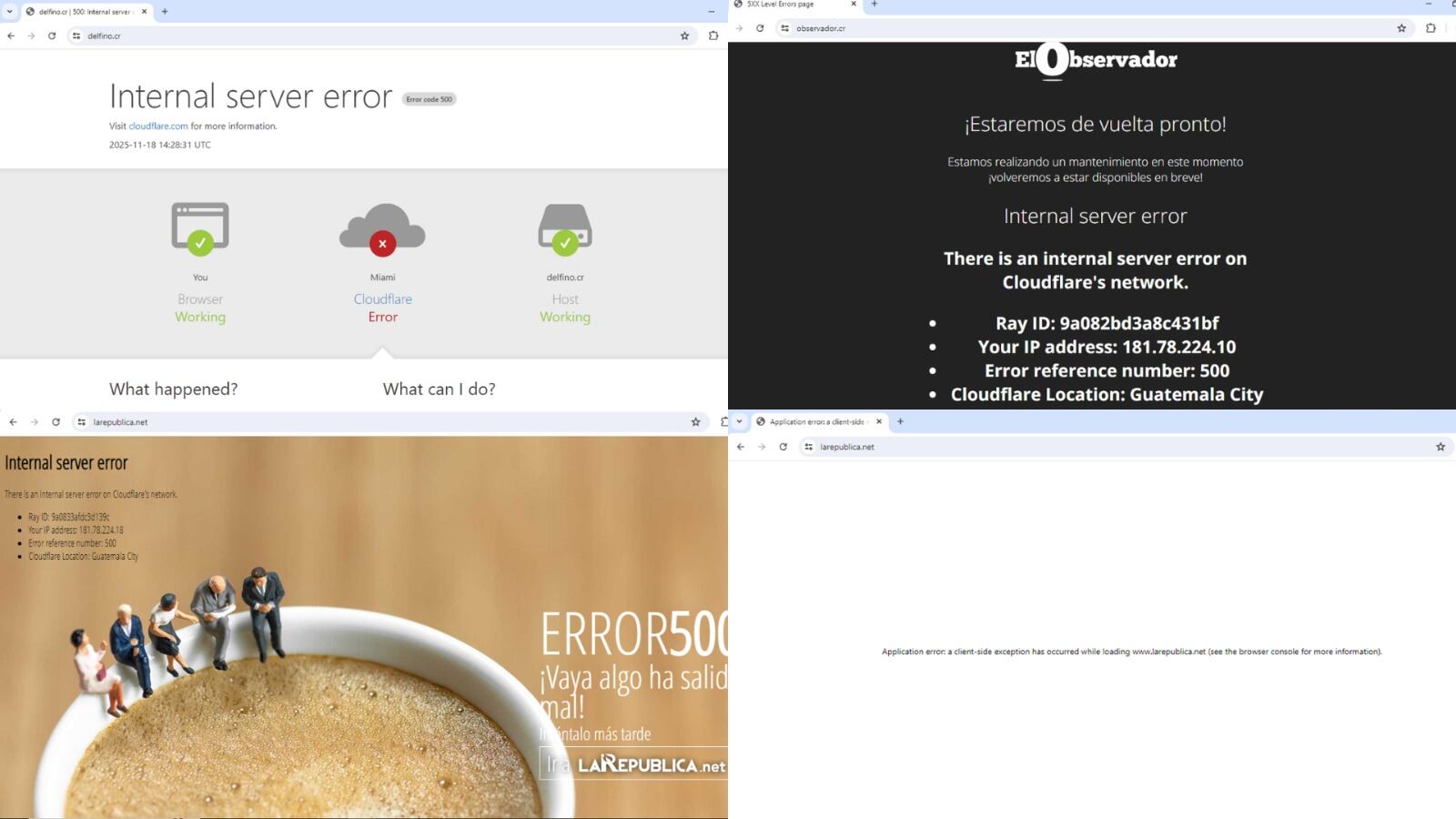 Múltiples sitios web costarricenses, incluyendo medios como Delfino.cr y La República, mostraron errores de conexión este martes debido a la falla global en la red de Cloudflare. Fotografía: