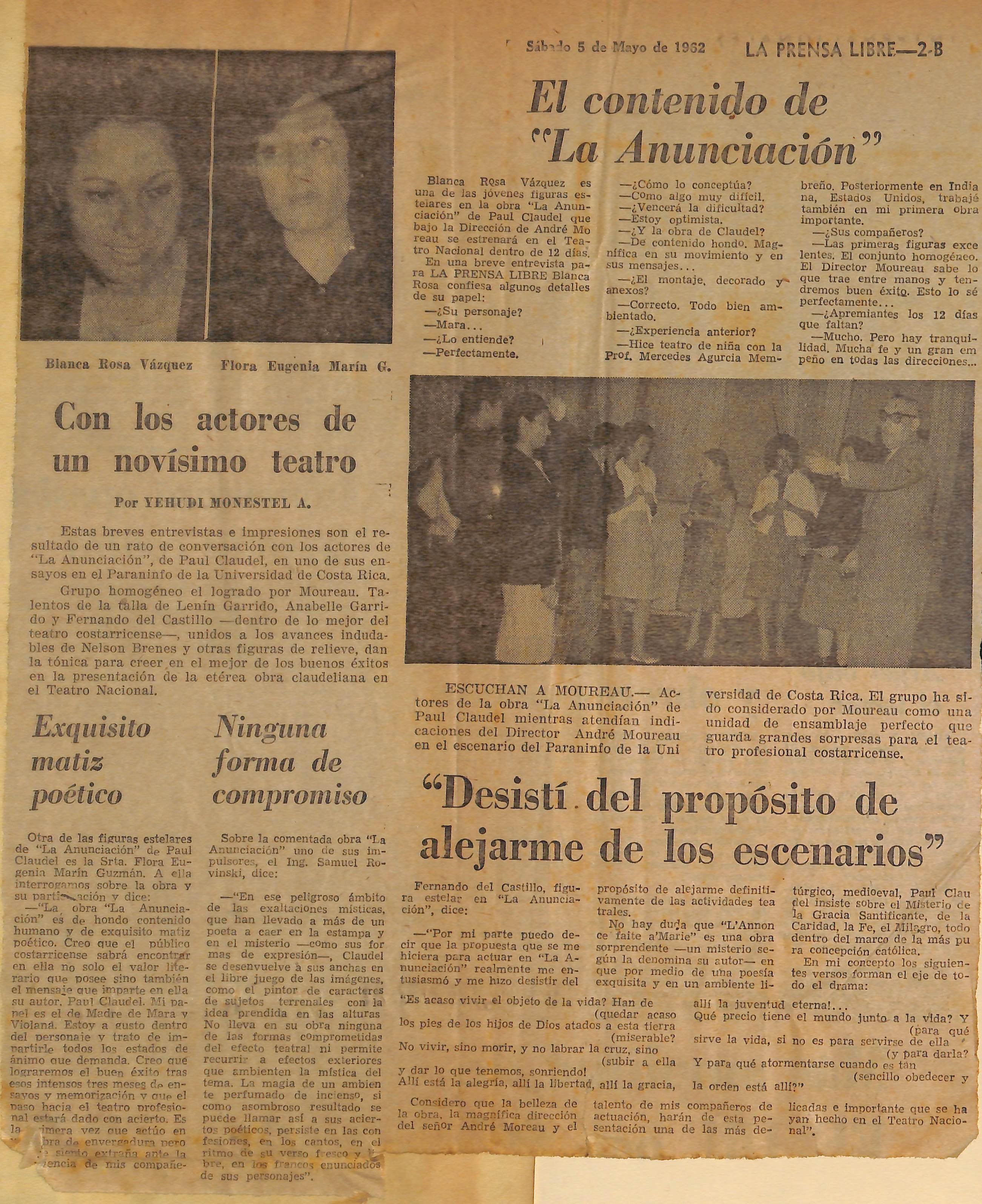 Recorte de 'La Prensa Libre' con información sobre el montaje teatral 'La anunciación'