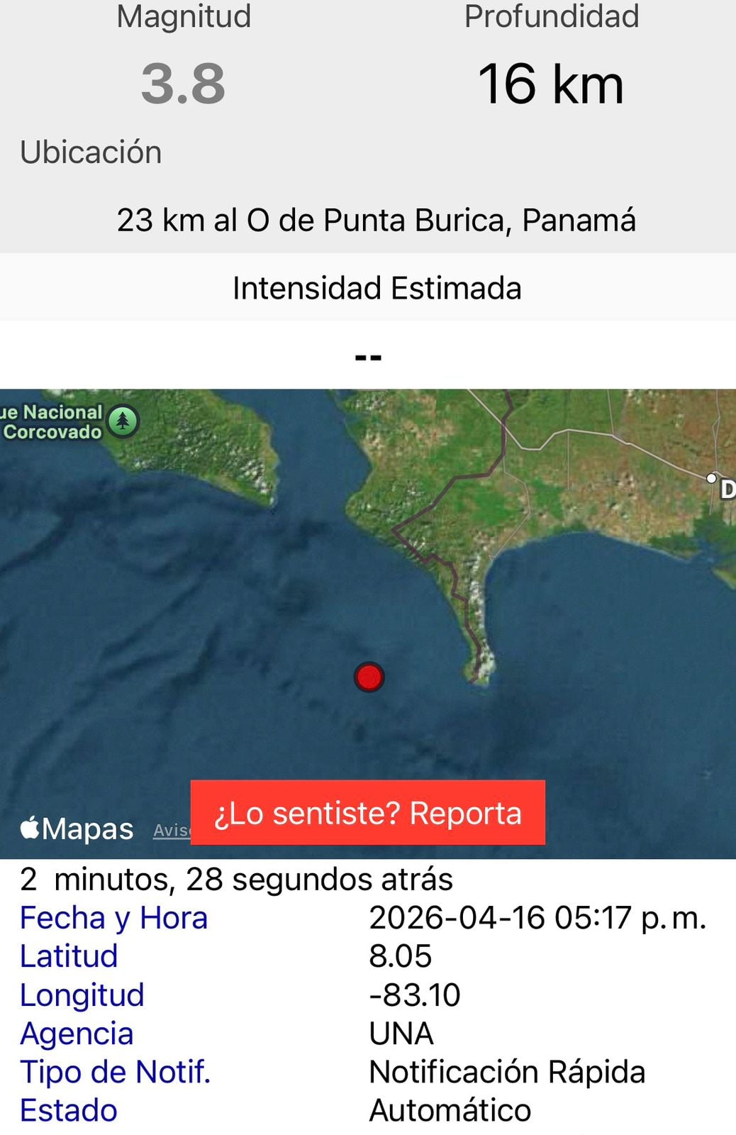 Temblor registrado la tarde de este jueves, según el Ovsicori.