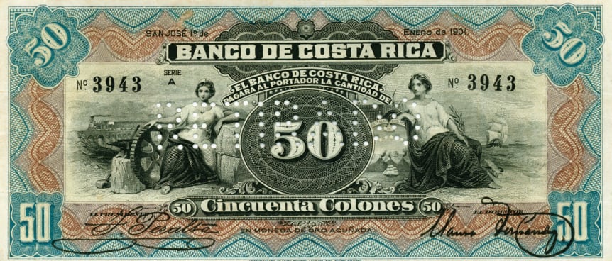 Billete de ¢50 del Banco de Costa Rica de 1901, en el cual se aprecia la figura de una mujer vestida con toga.