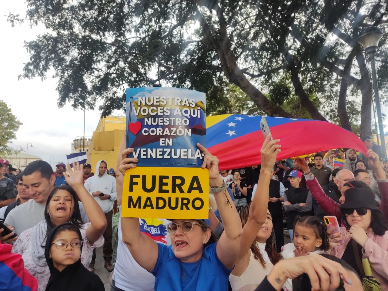 Los manifestantes venezolanos en la Plaza de la Democracia cantaron y gritaron por la caída del régimen de Nicolás Maduro.