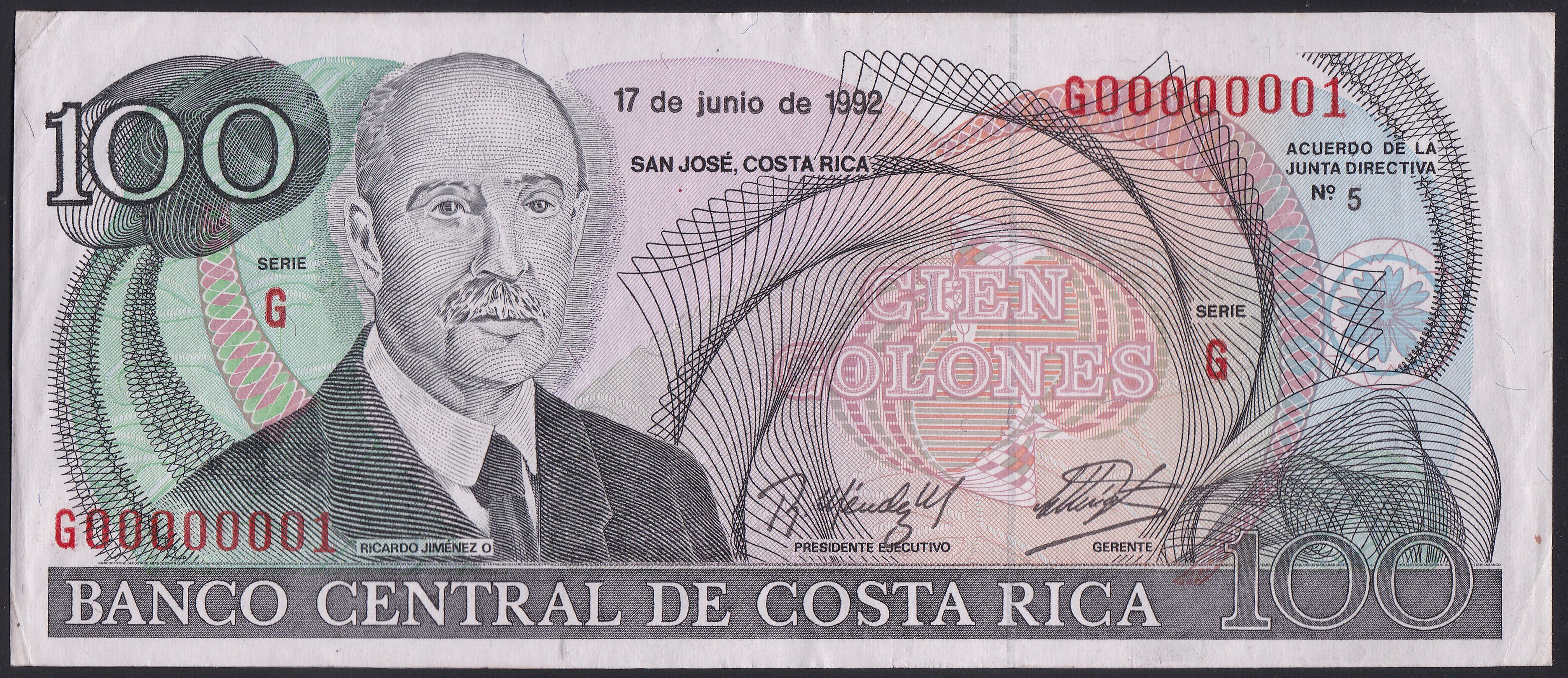 Billetes de 100 colones, emitido por el Banco Central de Costa Rica, 1992.