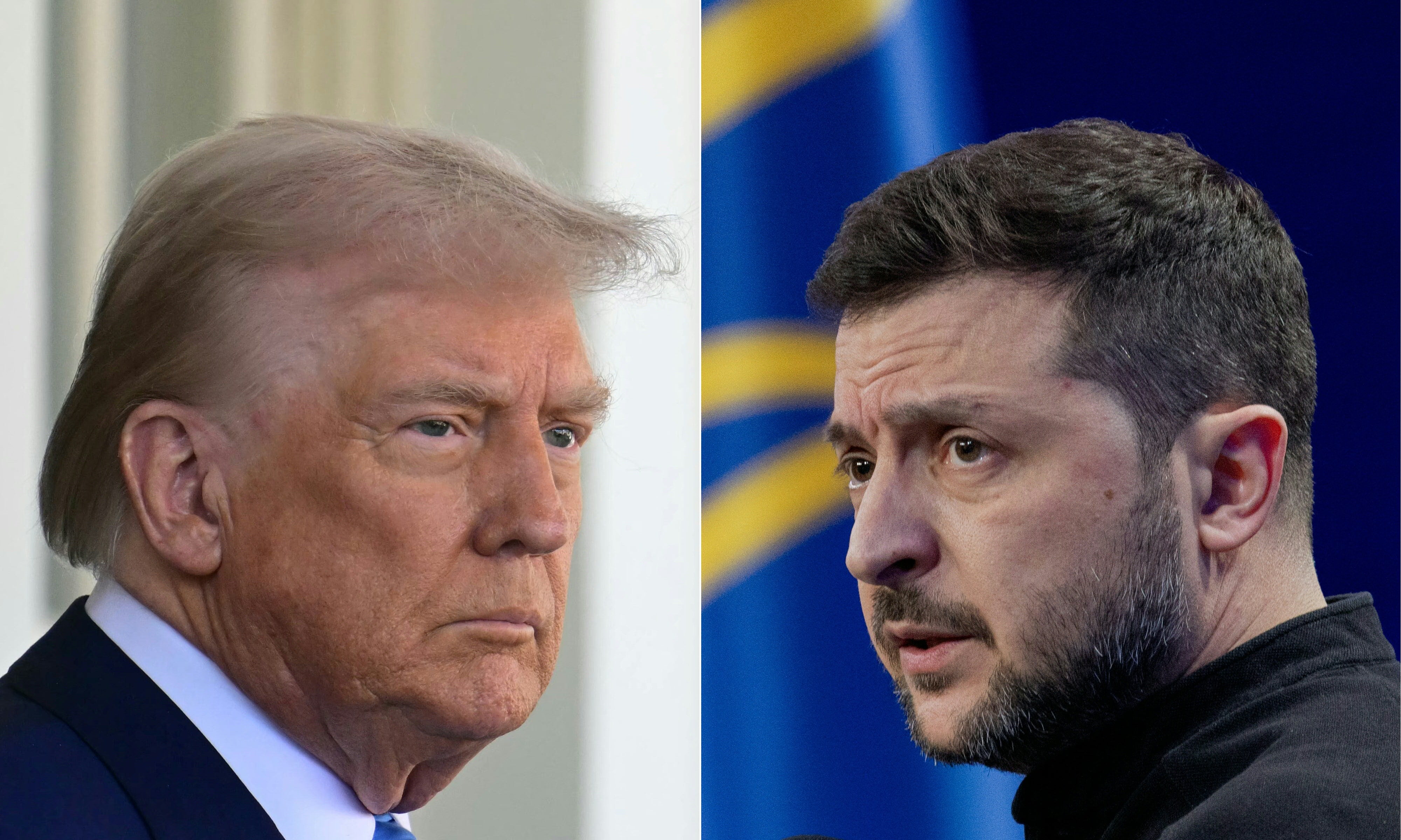 (COMBO) This combination of pictures created on February 25, 2025 shows US President Donald Trump (L) on February 24, 2025, and Ukraine's President Volodymyr Zelensky (R) on February 23, 2025. Ukraine has agreed on the terms of a minerals deal with the United