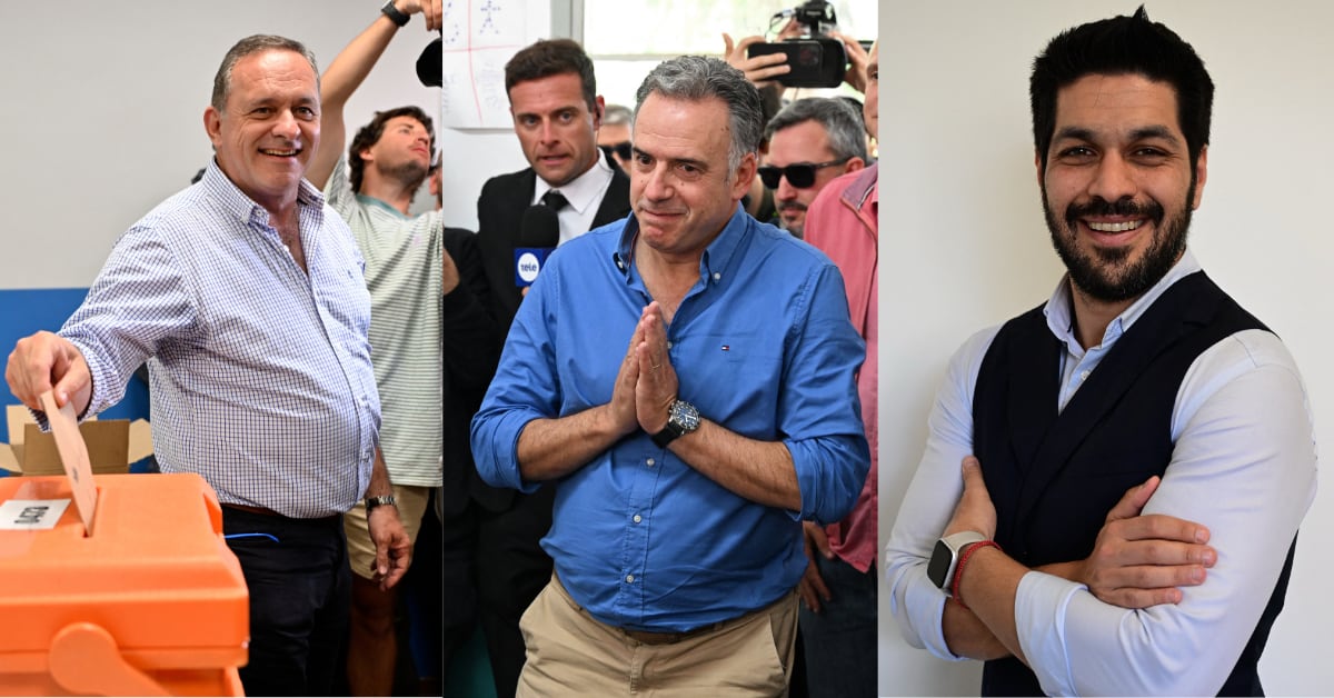 De izquierda a derecha, Yamandú Ramón Antonio Orsi Martínez, de 57 años, del izquierdista Frente Amplio; Álvaro Luis Delgado Ceretta, de 55 años, Partido Nacional; y el candidato presidencial uruguayo por el Partido Colorado, Andrés Ojeda.