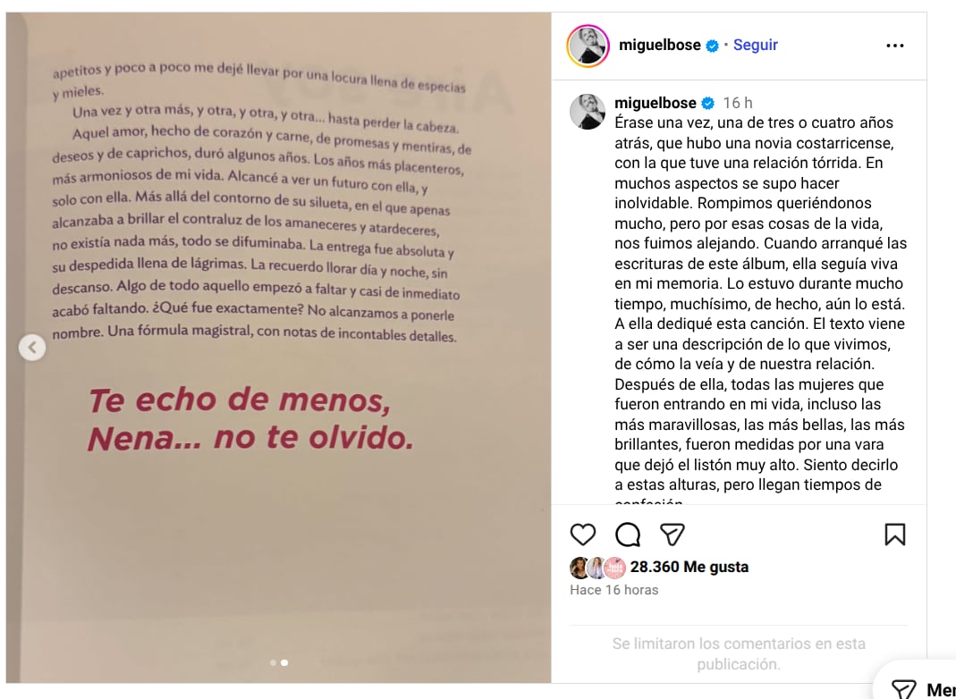 Miguel Bosé recordó a su novia costarricense con un sentido texto.