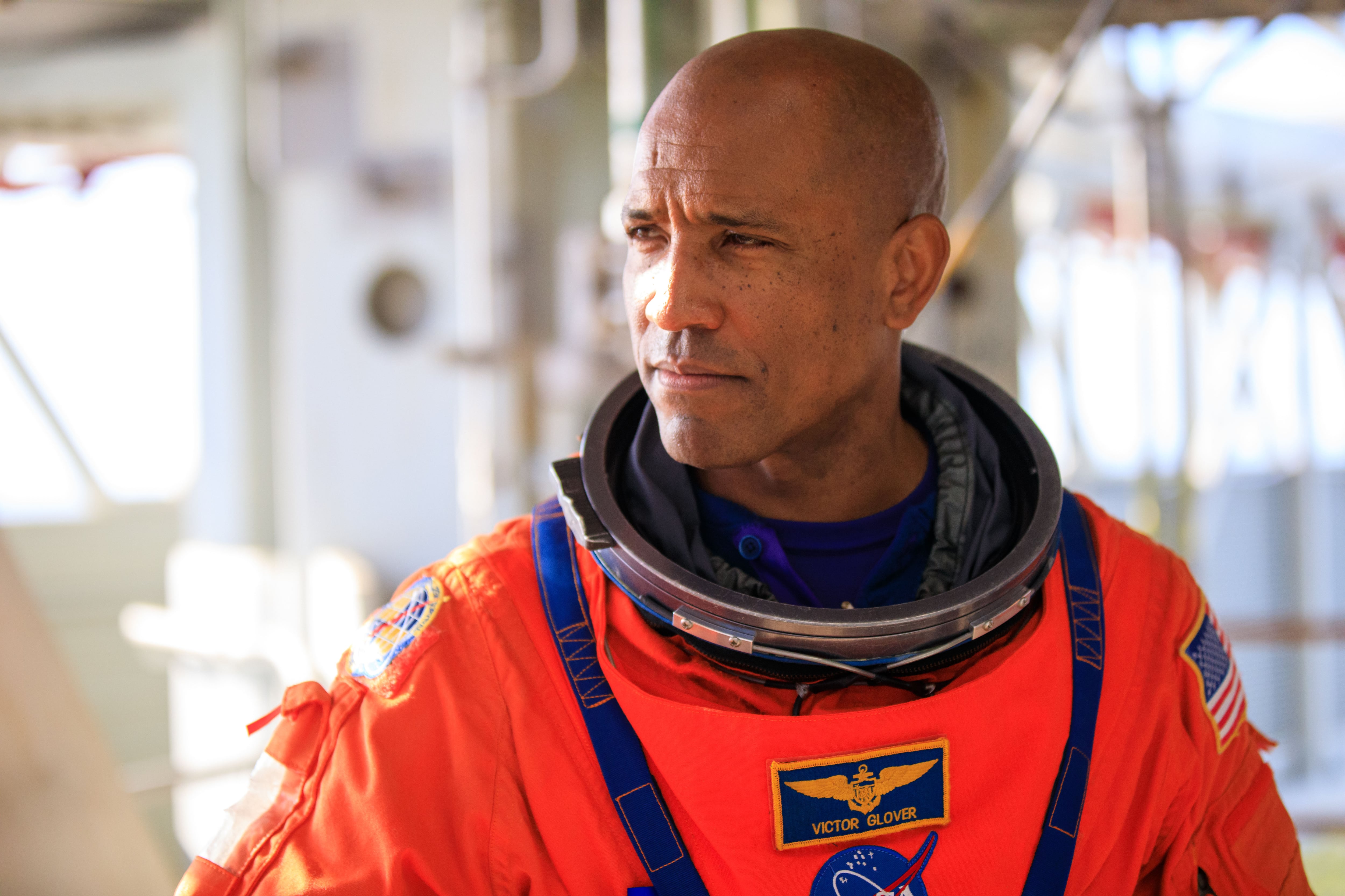 Artemis II NASA astronaut Victor Glover stands on the mobile launcher at Launch Pad 39B as part of an integrated ground systems test at Kennedy Space Center in Florida on Wednesday, Sept. 20, 2023. The test ensures the ground systems team is ready to support the crew timeline on launch day.
