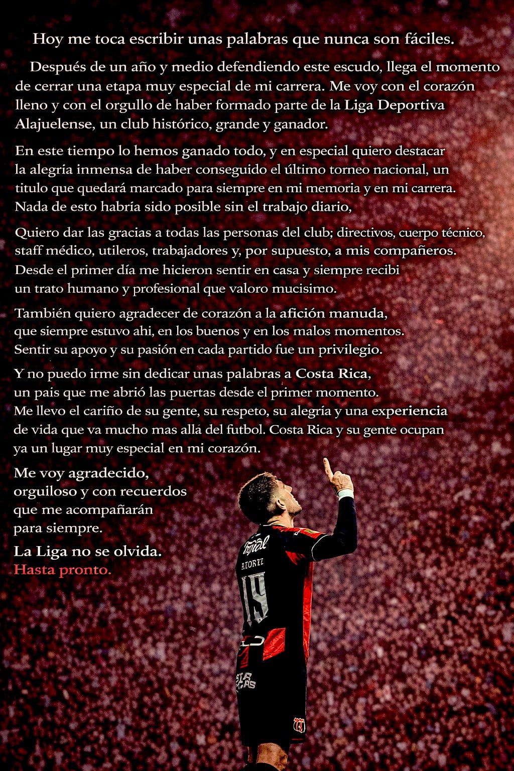 Alberto Toril dejó de ser futbolista de Liga Deportiva Alajuelense y este fue su posteo en X (antes Twitter).