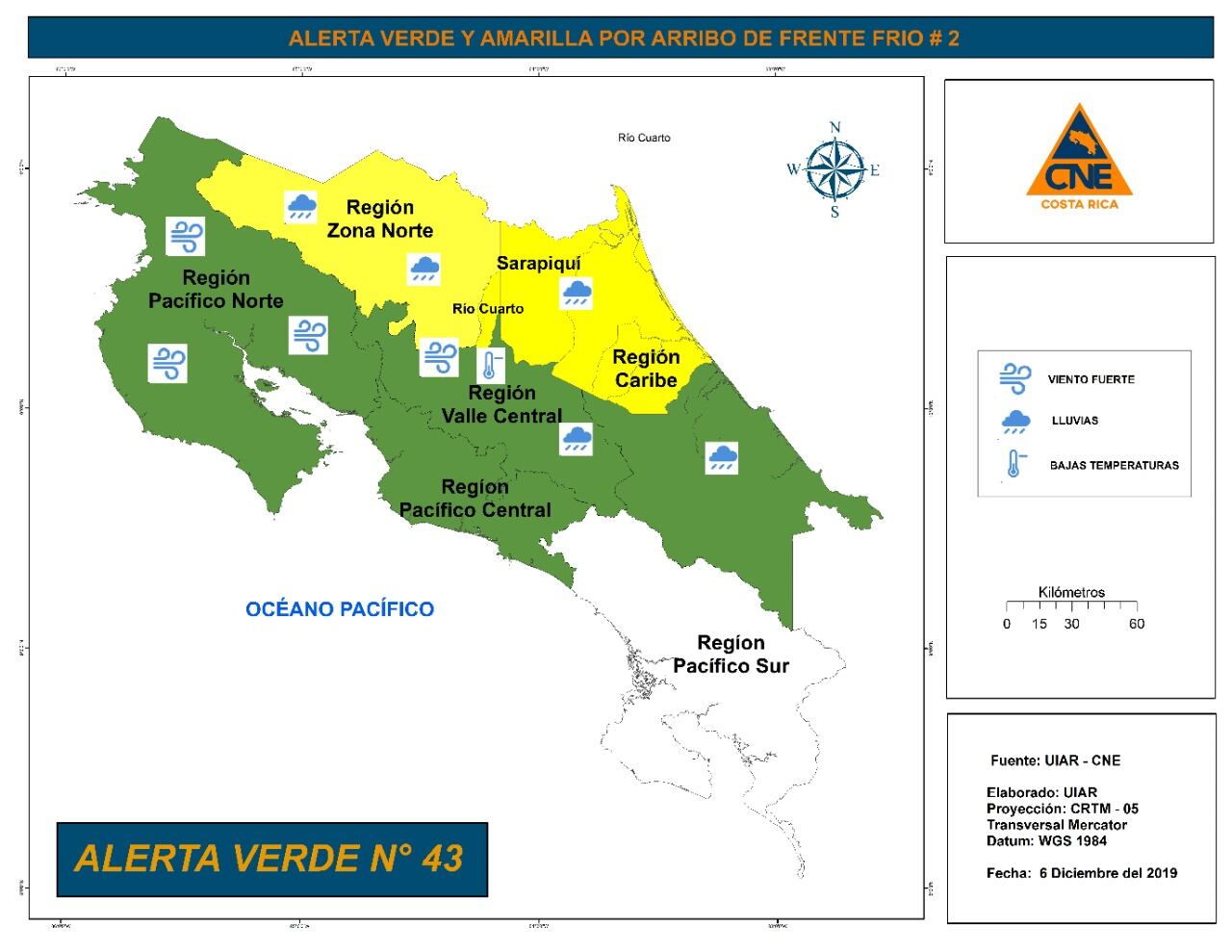 Poco antes del mediodía de este viernes la CNE acordó aumentar el nivel de alerta en la zona norte y el Caribe norte. Mapa: CNE.