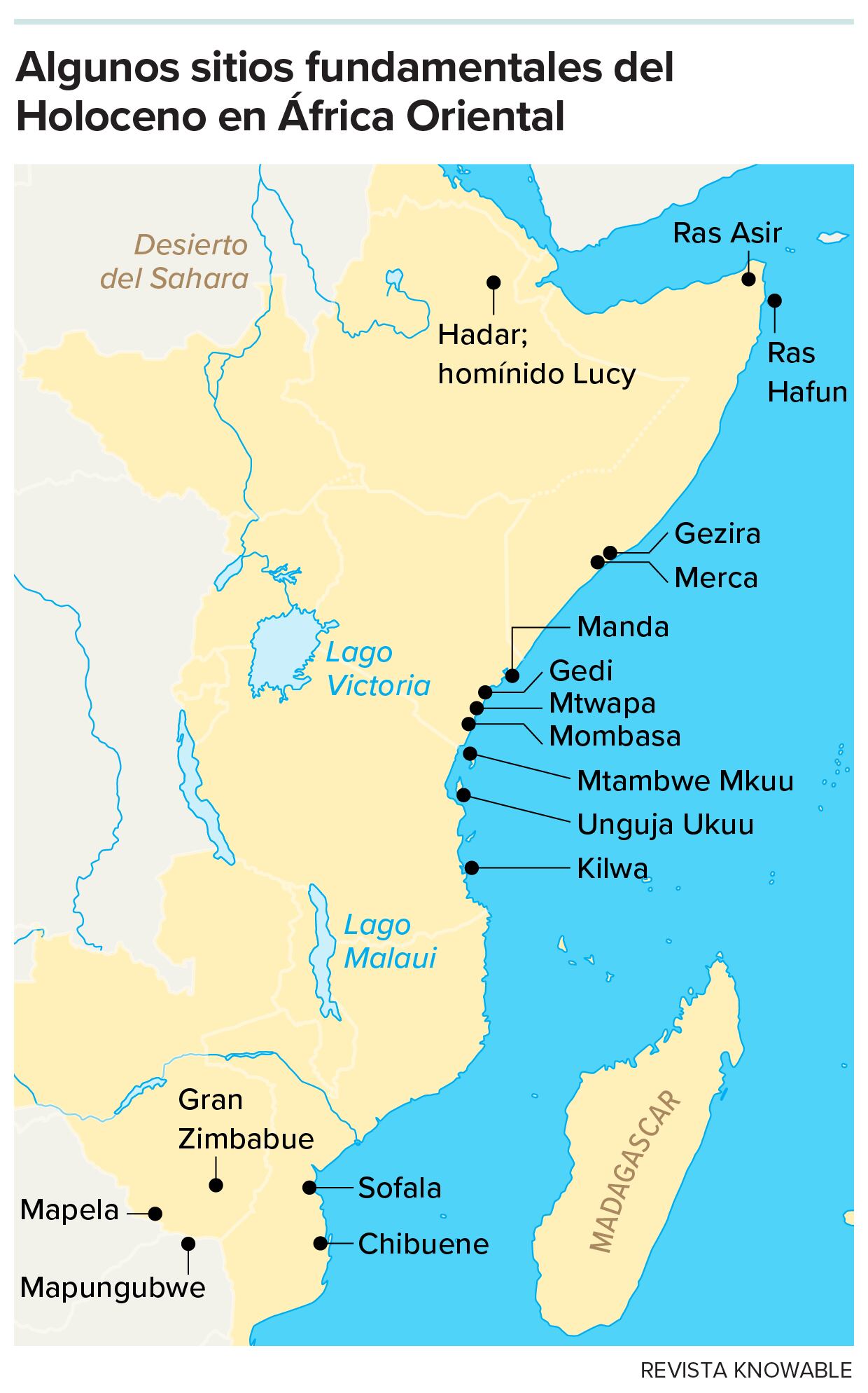 Mapa de sitios arqueológicos en África Oriental.
