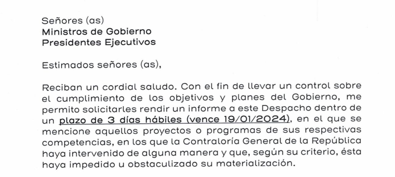 Carta enviada por Presidencia a ministros y presidentes ejecutivos.