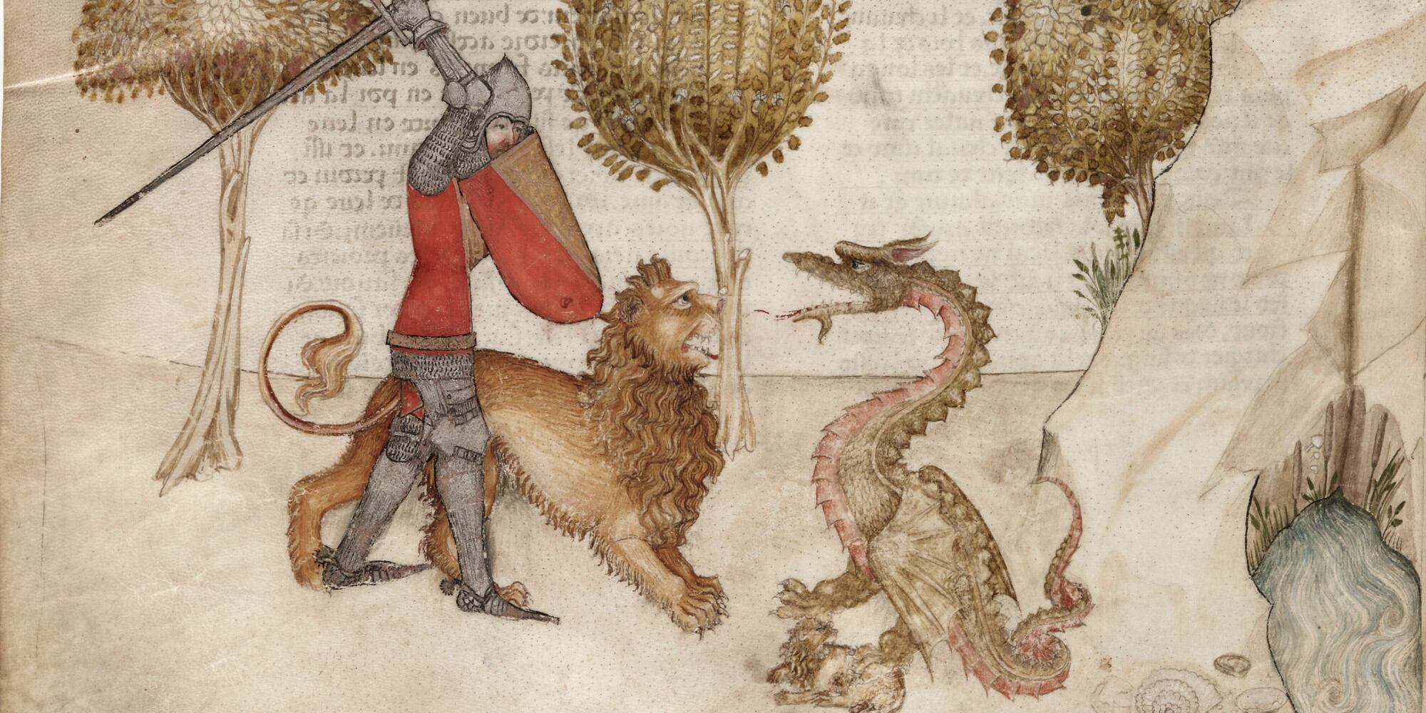 Perceval combate al dragón en este manuscrito (1380-85), creado en Milán. BnF, département des Manuscrits, Français 343, fol. 27v.