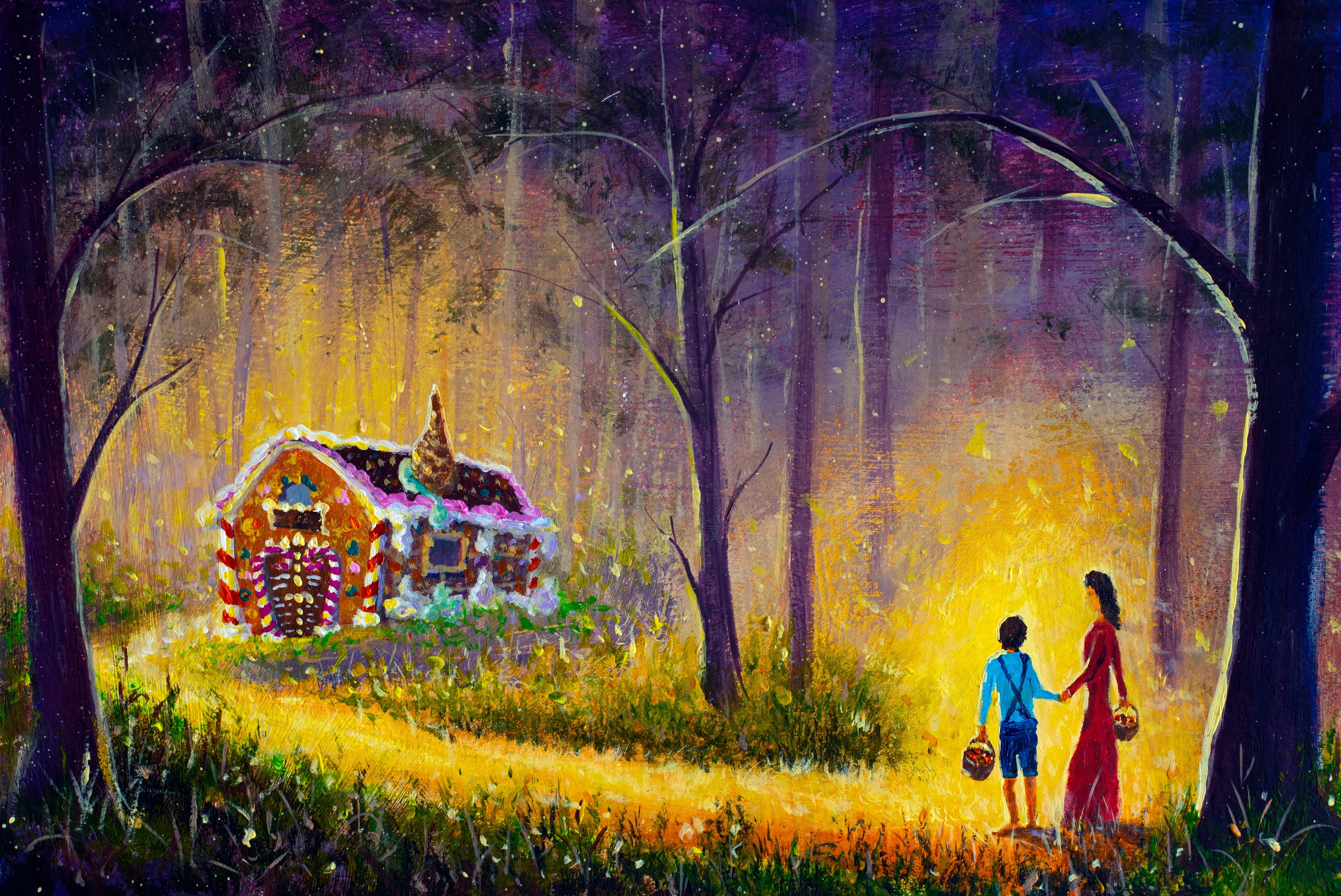 Interpretación del cuento Hansel y Grettel, óleo. Niños, jóvenes, hermanos de la mano caminando por el bosque. Al fondo, la casa hecha de dulces, golosinas