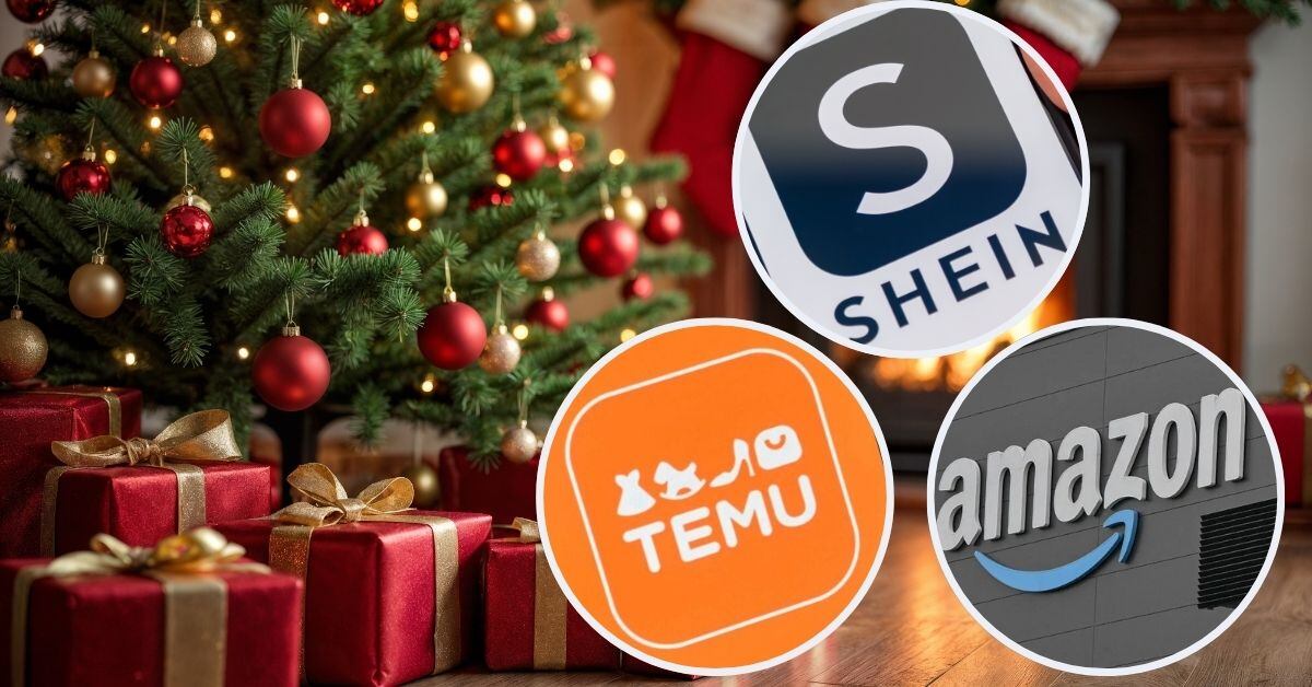 En la imagen, un fondo navideño con tres logos: temu, shein y amazon.