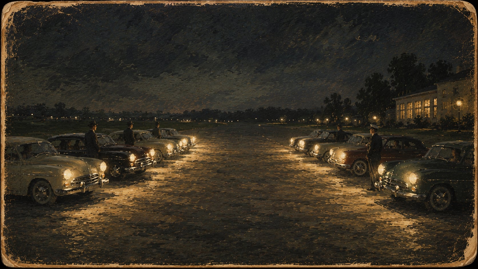 Ilustración vintage de carros de los años 50 y 60 del siglo XX, de noche, con las luces encendidas, estacionados en dos filas, unos frente a otros