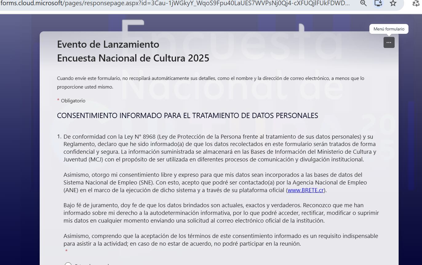 Formulario Ministerio de Cultura y Juventud